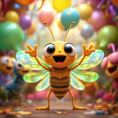 The primary subject of the image is a yellow and green cartoon bee with a smile on its face. The bee is standing in a colorful environment, surrounded by balloons and other cartoon characters. The visual style of the image is a combination of digital art and illustration, creating a lively and cheerful atmosphere. The colors and mood of the image are predominantly bright and cheerful, with the yellow and green bee being the focal point of the scene.